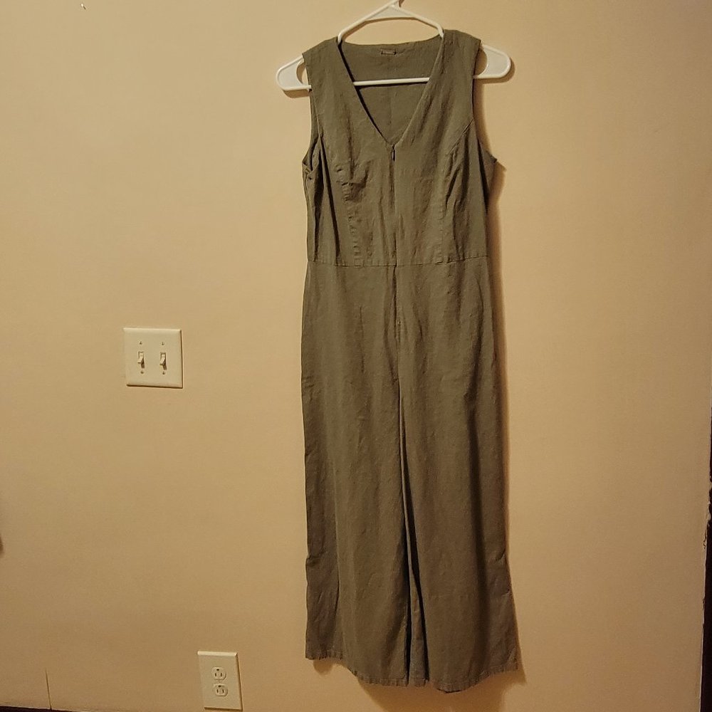 Tahari Olive Green Linen Blend Zip-up Wide-leg Jumpsuit